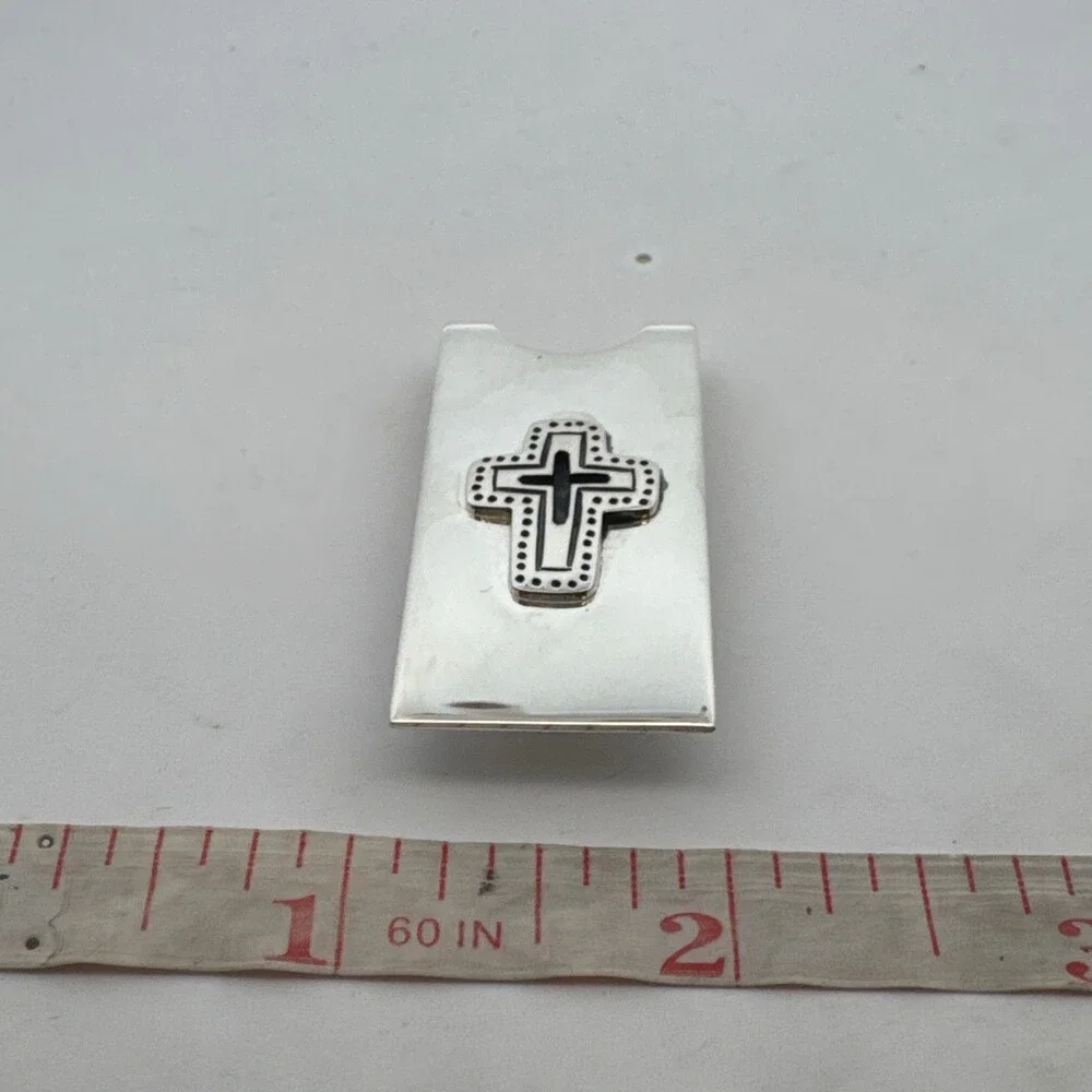 Estate 925 Sterling Silver Stylized Cross Rectangular Small Unisex Money Clip